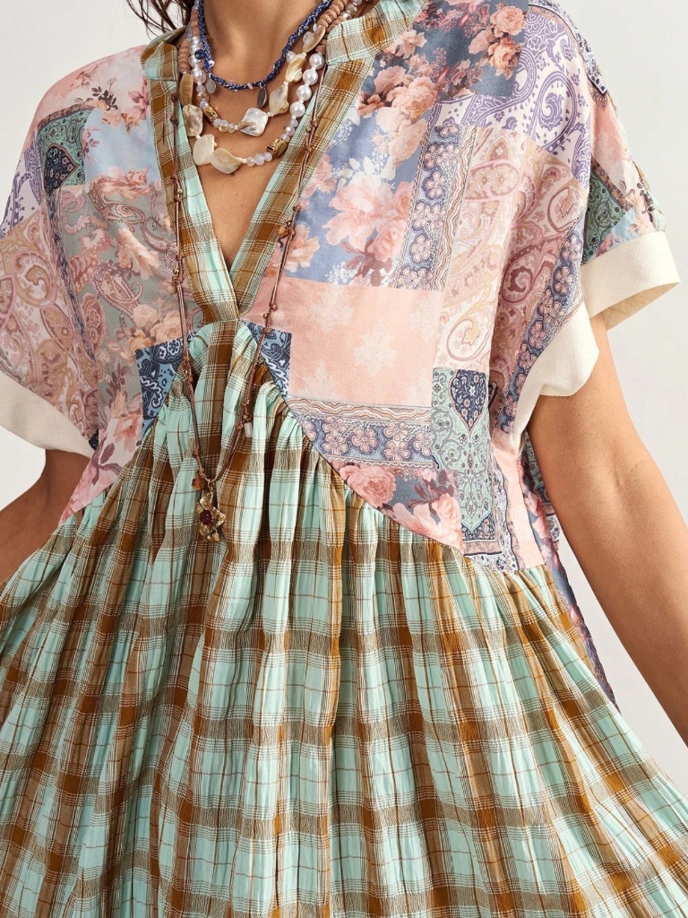 Boho Floral Plaid Print V neck Short Sleeve Dress - Picture 2 of 6
